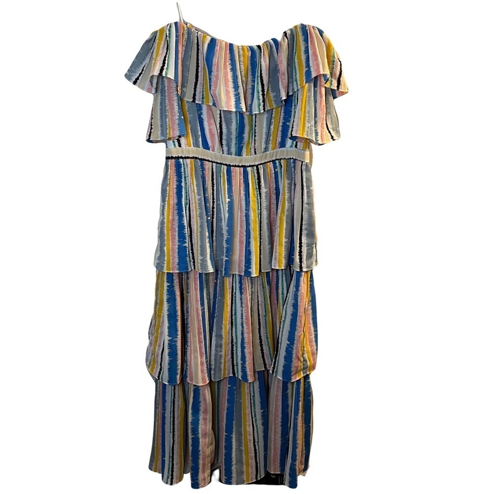 WHY DRESS RAINBOW STRIPE OFF SHOULDER MAXI DRESS Size M Multicolor Tiered artsy